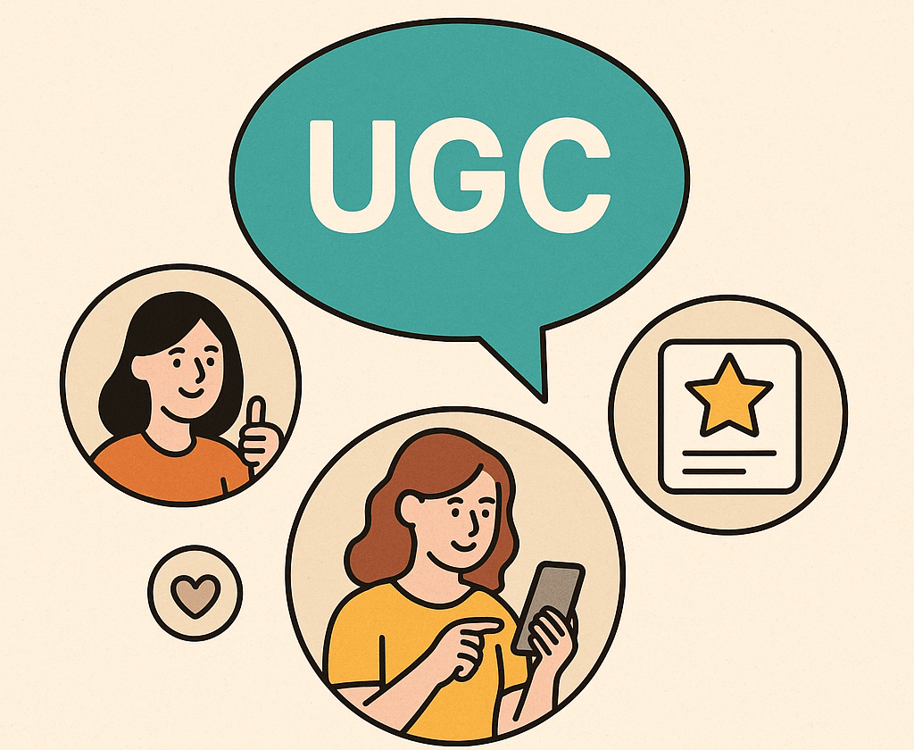 Илюстрация на концепцията за UGC съдържание с хора, използващи мобилни телефони и символ за отзиви