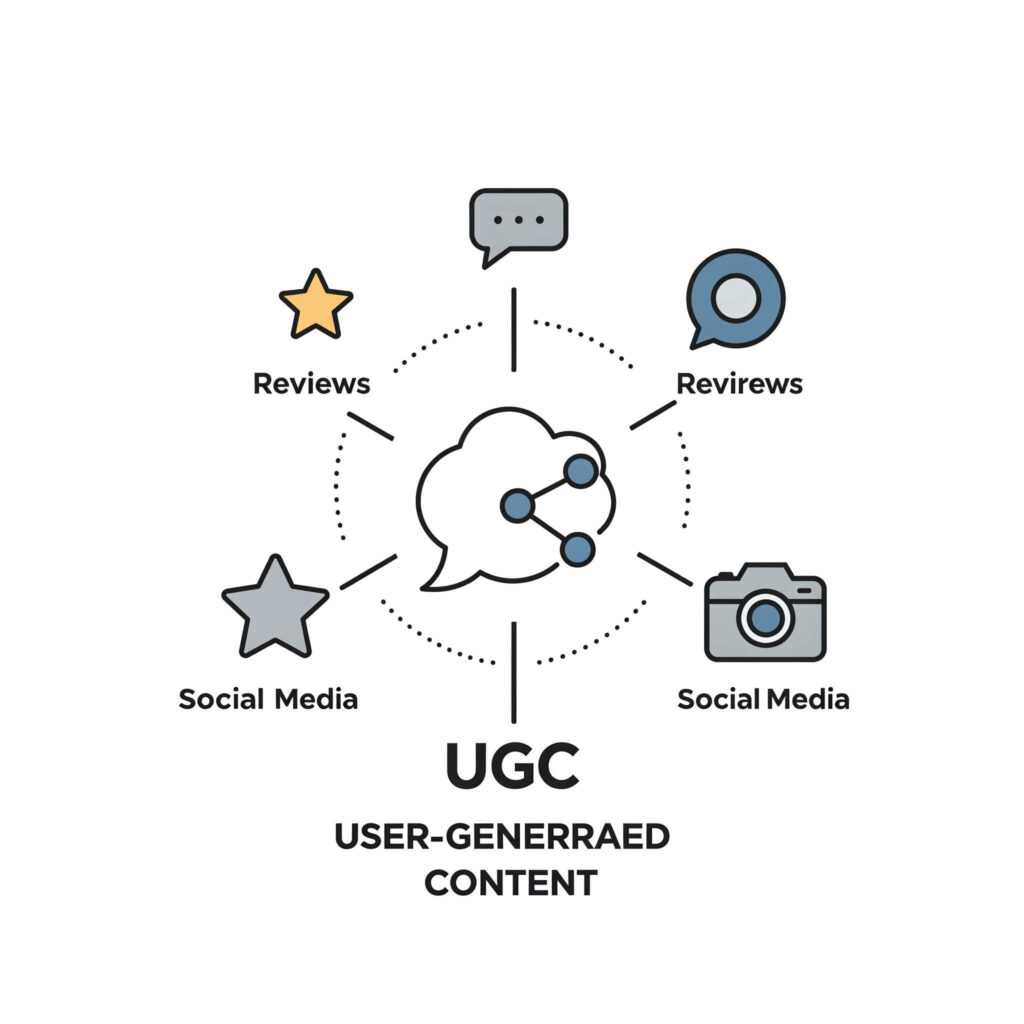 Илюстрация на потребителско генерирано съдържание (UGC) с икони за ревюта, социални медии и снимки, заобикалящи централен символ за комуникация.